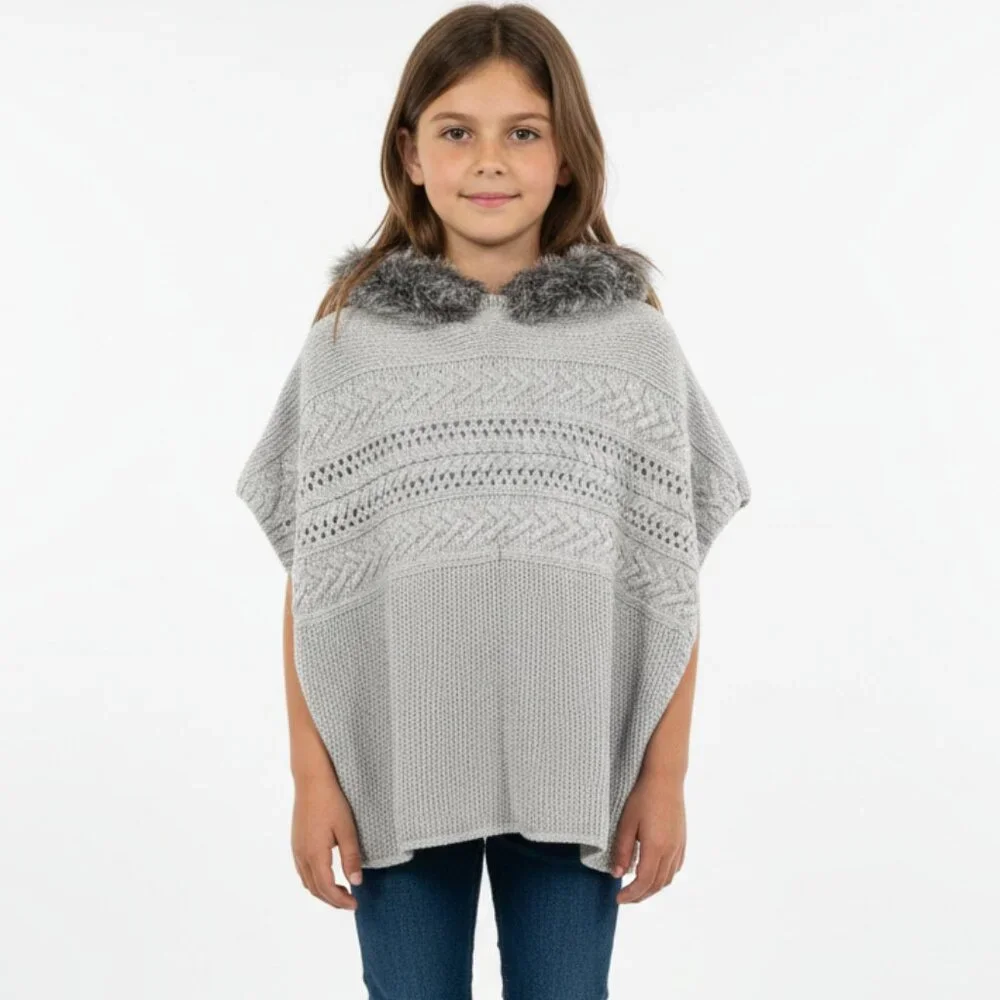 GAP KIDS Poncho Vest Hooded Knit Gray Boho Nordic Faux Fur Gray L